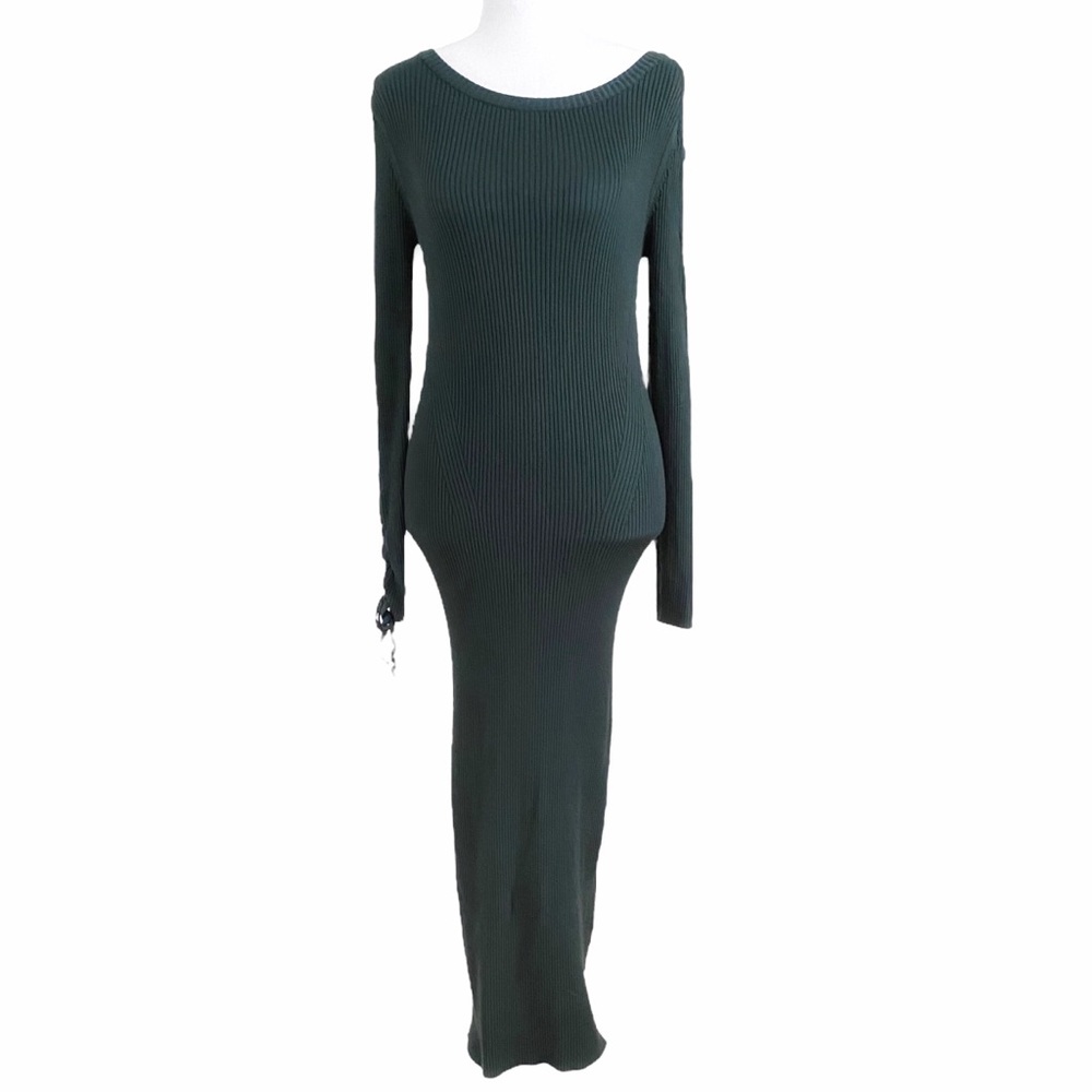 Zara Dark Green Ribbed Long Sleeve Maxi Dress
